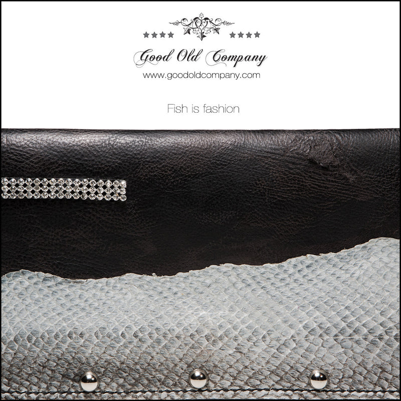 ! Sold ! - Black studded evening leather clutch with salmon fishleather decoration, Clutch, Good Old Company - Hraun- Art and design