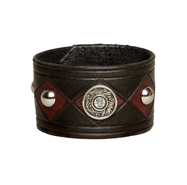 The concho joker - hand colored black and red leather cuff with studs and concho, Bracelet, Good Old Company - Hraun- Art and design
