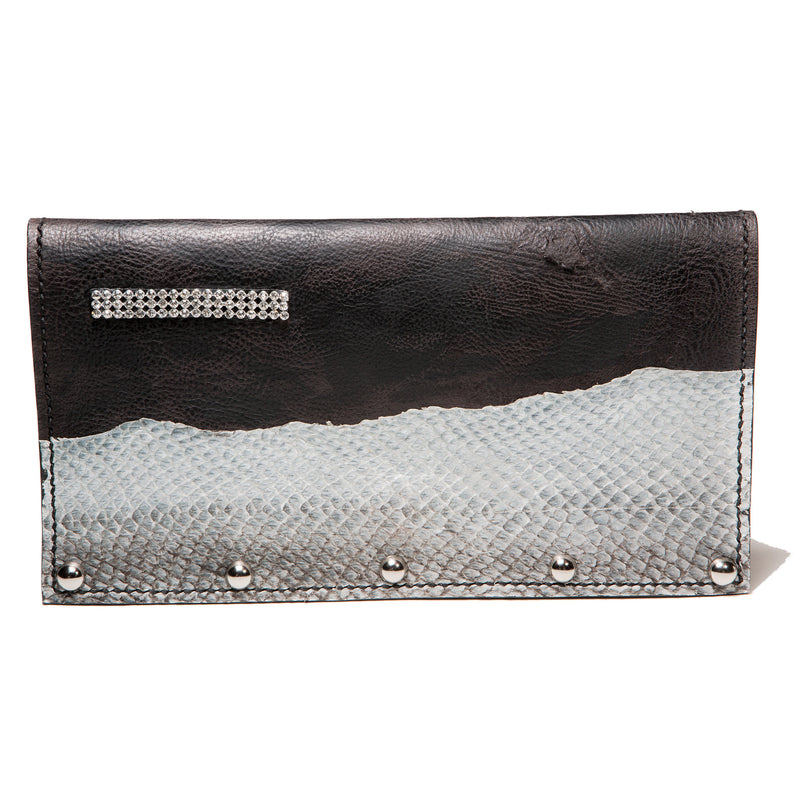 ! Sold ! - Black studded evening leather clutch with salmon fishleather decoration, Clutch, Good Old Company - Hraun- Art and design