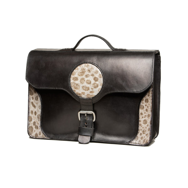 !Sold! - Big black leather briefcase with wolffish decoration, Bags, Good Old Company - Hraun- Art and design