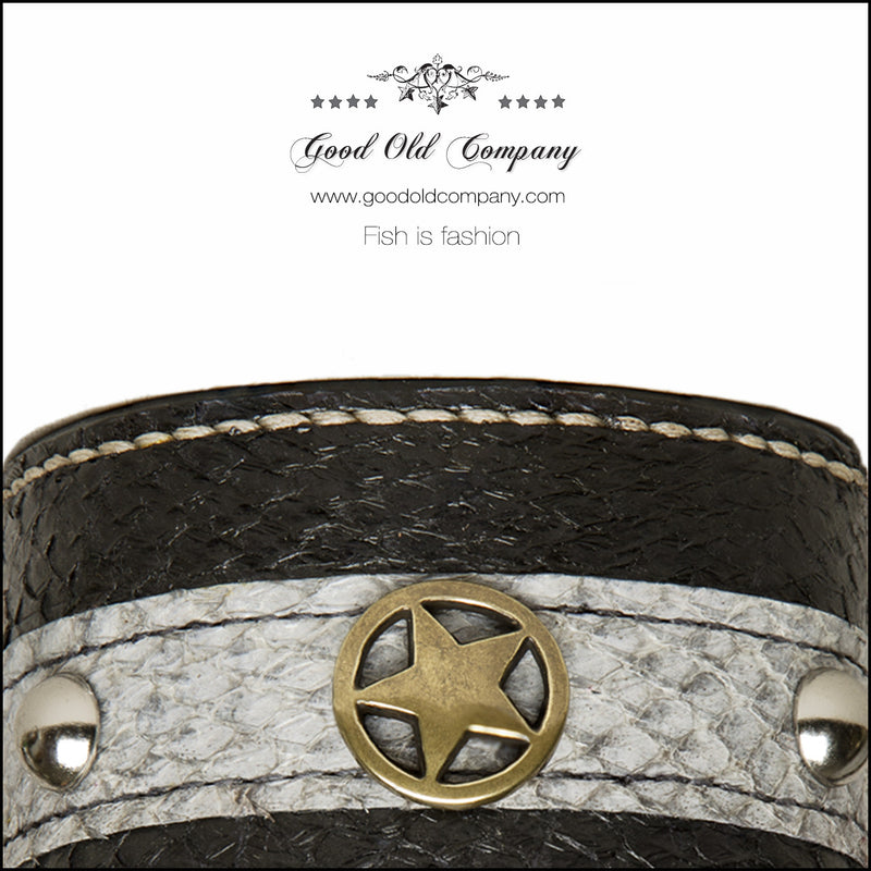 Black salmon fish leather cuff bracelet with studs and star