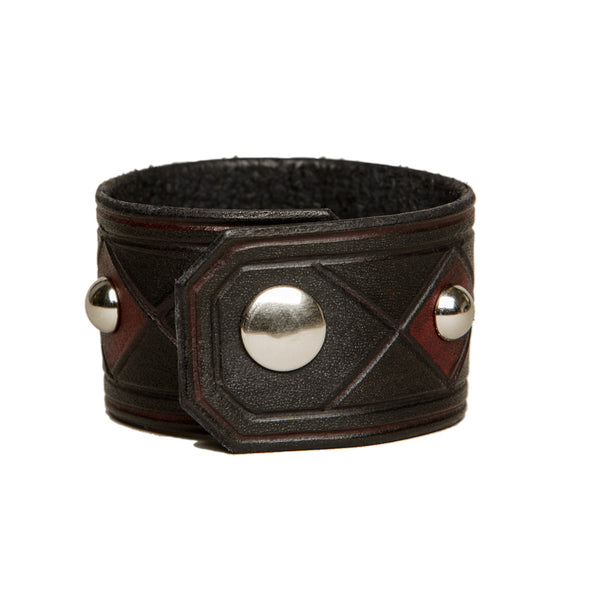 The concho joker - hand colored black and red leather cuff with studs and concho, Bracelet, Good Old Company - Hraun- Art and design